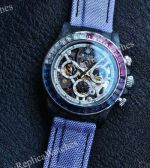 Rolex Daytona Skeleton Face Dandong 4130 Movement 40mm Rainbow Bezel White Subdial Purple Fabric Band Watch